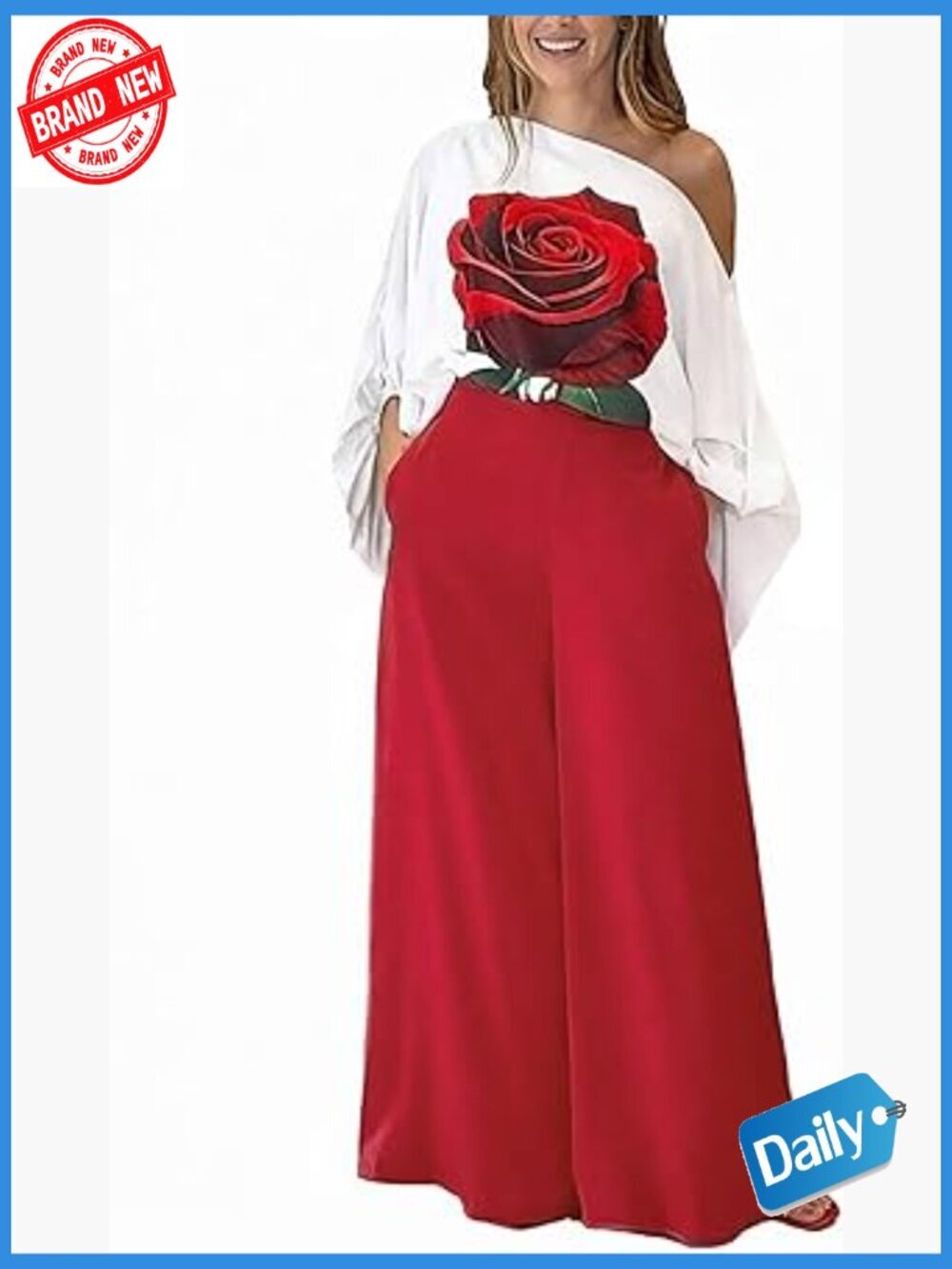 Off Shoulder Lantern Sleeve Top Flowy Print Wide Leg Pants Set 2 Piece